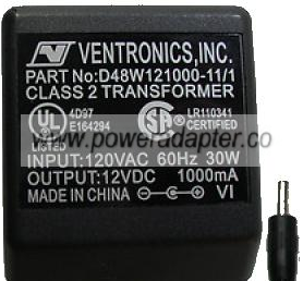 VENTRONICS D48W121000 AC ADAPTER 12VDC 1000mA USED